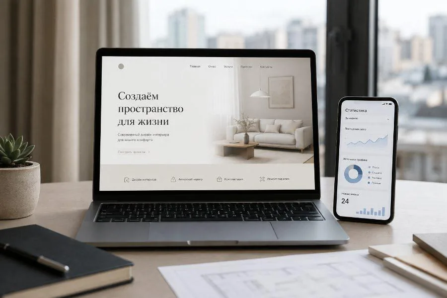 Ноутбук с макетом посадочной страницы и смартфон с аналитикой на рабочем столе